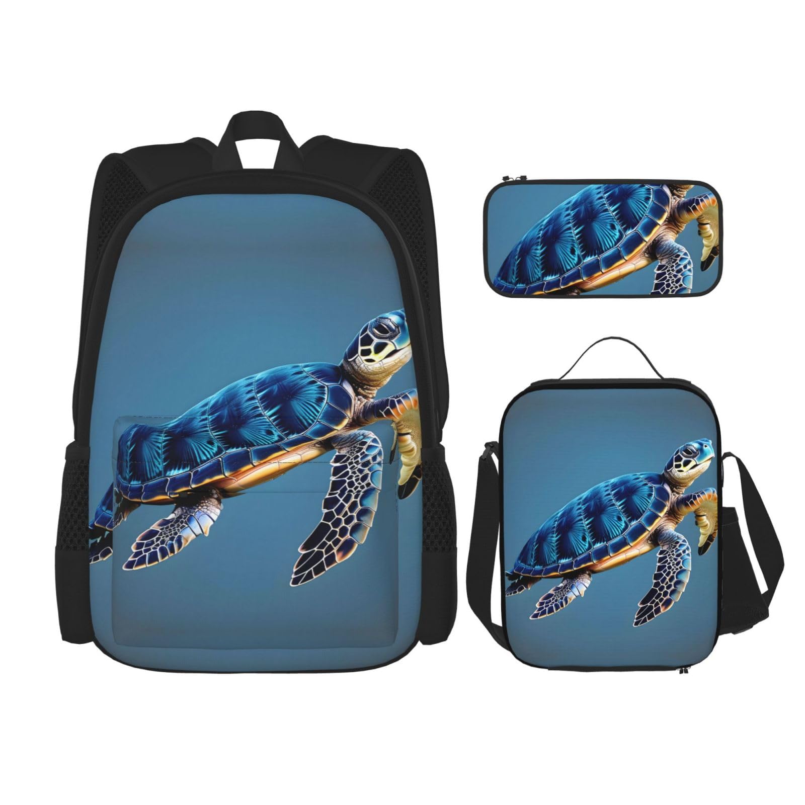 WURTON Blue Sea Turtle Pint Print Lunchbox Federmäppchen Rucksack Set 3 Stück Verstellbare Träger Langlebig Leicht, Schwarz, One Size