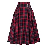 WINDEHAO Herbst Winter Damen Hohe Taille Rock, Vintage Eleganter Plaid Wollrock, A-Linie Plissee Elastische Taille Langer Rock (Rot, M)