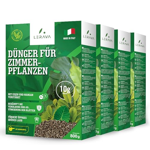 LERAVA® Dünger Zimmerpflanzen - 4 x 800g - Grünpflanzendünger mit Eisen und Manganzusatz gegen Vergilbung und Blatttrockenheit - Pflanzendünger für üppiges grünes Laub - 100% Made in Italy