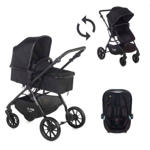 Nurse Track, 2-en-1 Kinderwagen + Babyschale, Sitz umwandelbar in Tragetasche, kompakt faltbar, mit Regenschutz und Tasche, Schwarz