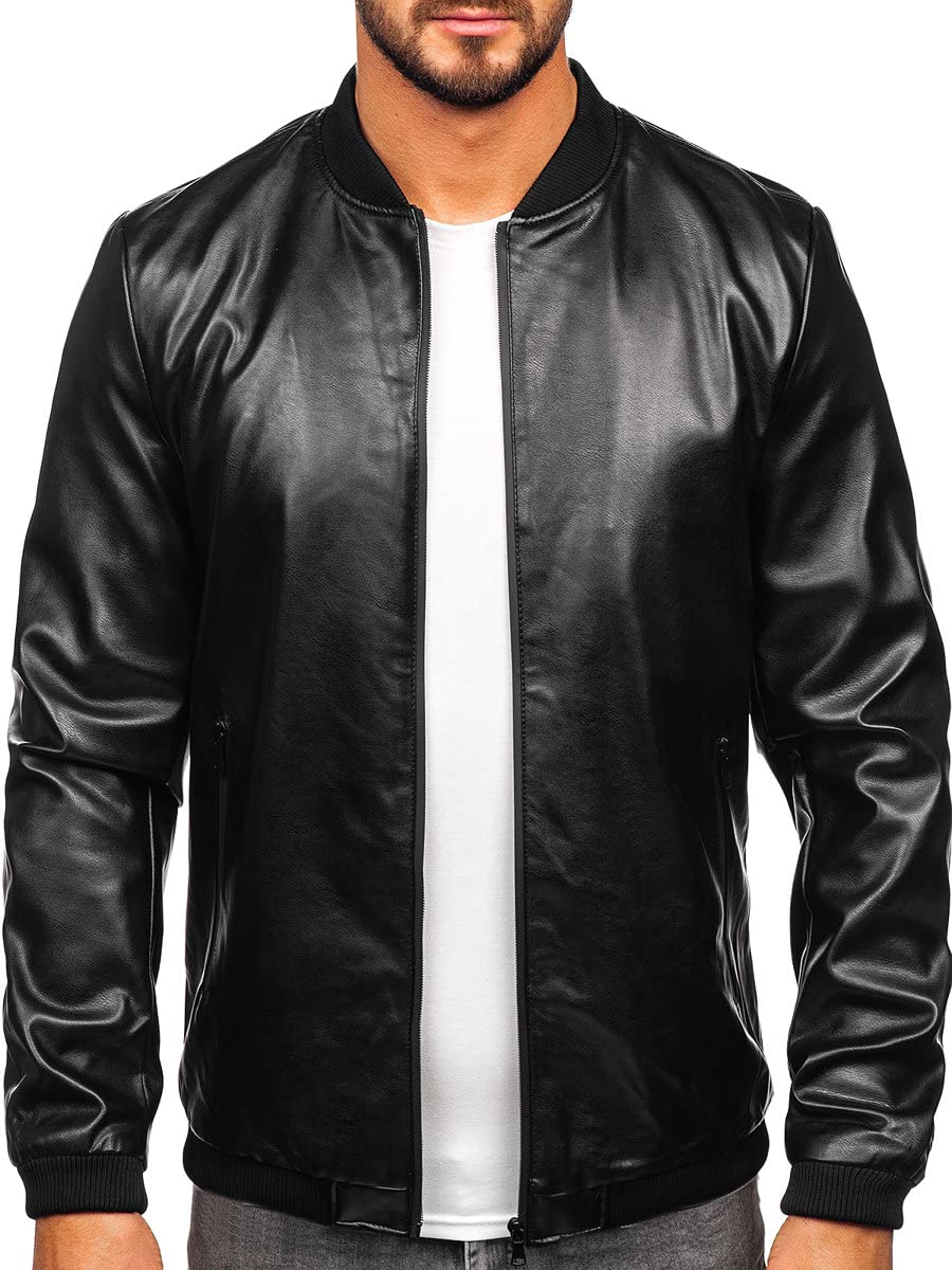 BOLF Herren Lederjacke Kunstlederjacke Bikerjacke Übergangsjacke Steppjacke Kapuze Motorradjacke Pilotenjacke Fliegerjacke Bomberjacke Stehkragen Casual Style 6803A Schwarz XL [4D4]