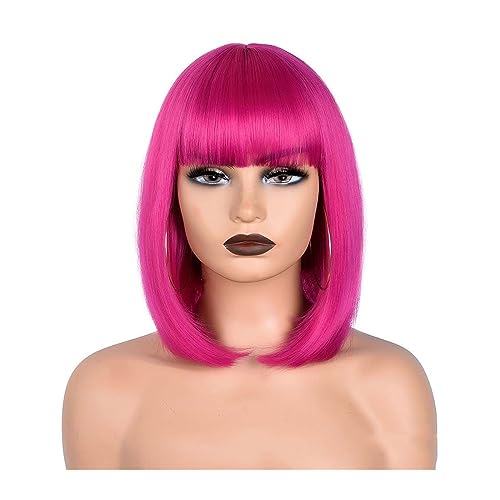 Perücken Kurze gerade Bob-Perücke for Damen, synthetische Perücken, braun bis blond, Ombré-natürliches Kunsthaar, hitzebeständige Perücke, rosa Perücke mit Pony Damenperücke (Color : 2, Size : 12inc