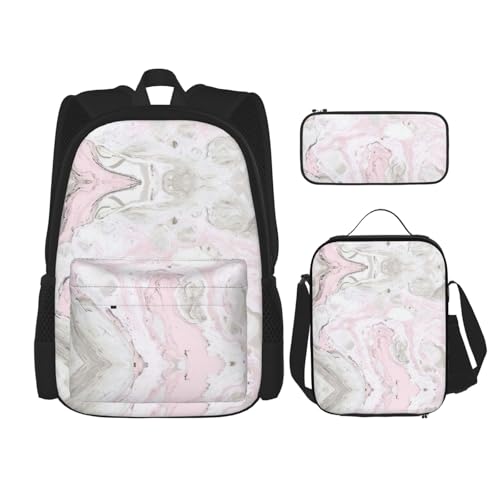 WURTON Rucksack-Set, Motiv: rosa abstrakte Tinte, Marmor, Grau, künstlerischer Druck, verstellbare Schultergurte, Rucksack-Set, Lunch-Tasche, Federmäppchen, Kombinationstaschen-Set