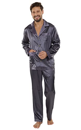 FOREX Lingerie edler und hochwertiger Satin-Pyjama Herren-Schlafanzug Hausanzug (XL, grau)