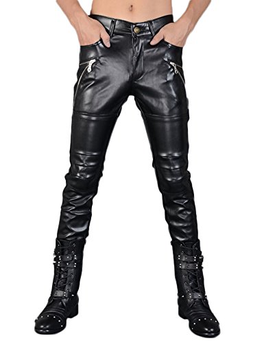 Idopy Herren Schwarze Skinny Faux Leder PU Hosen