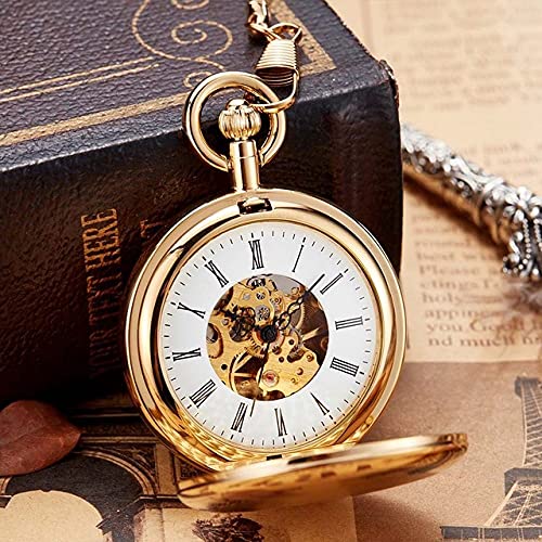 YIHANSS Luxus Gold Mechanische Taschenuhr Männer Frauen Uhr Skelett Getriebe Zifferblatt Flip Goldene Farbe Doppel Fall Kupfer FOB Kette Uhren