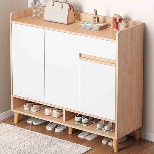 YIHANSS Schuhregal, weißer Schuhschrank mit 2 Türen und 1 Schublade – Organizer-Ständer für den Flur – Schuh-Sideboard für den Eingangsbereich (Holzfarbe, 120 x 32 x 100 cm)