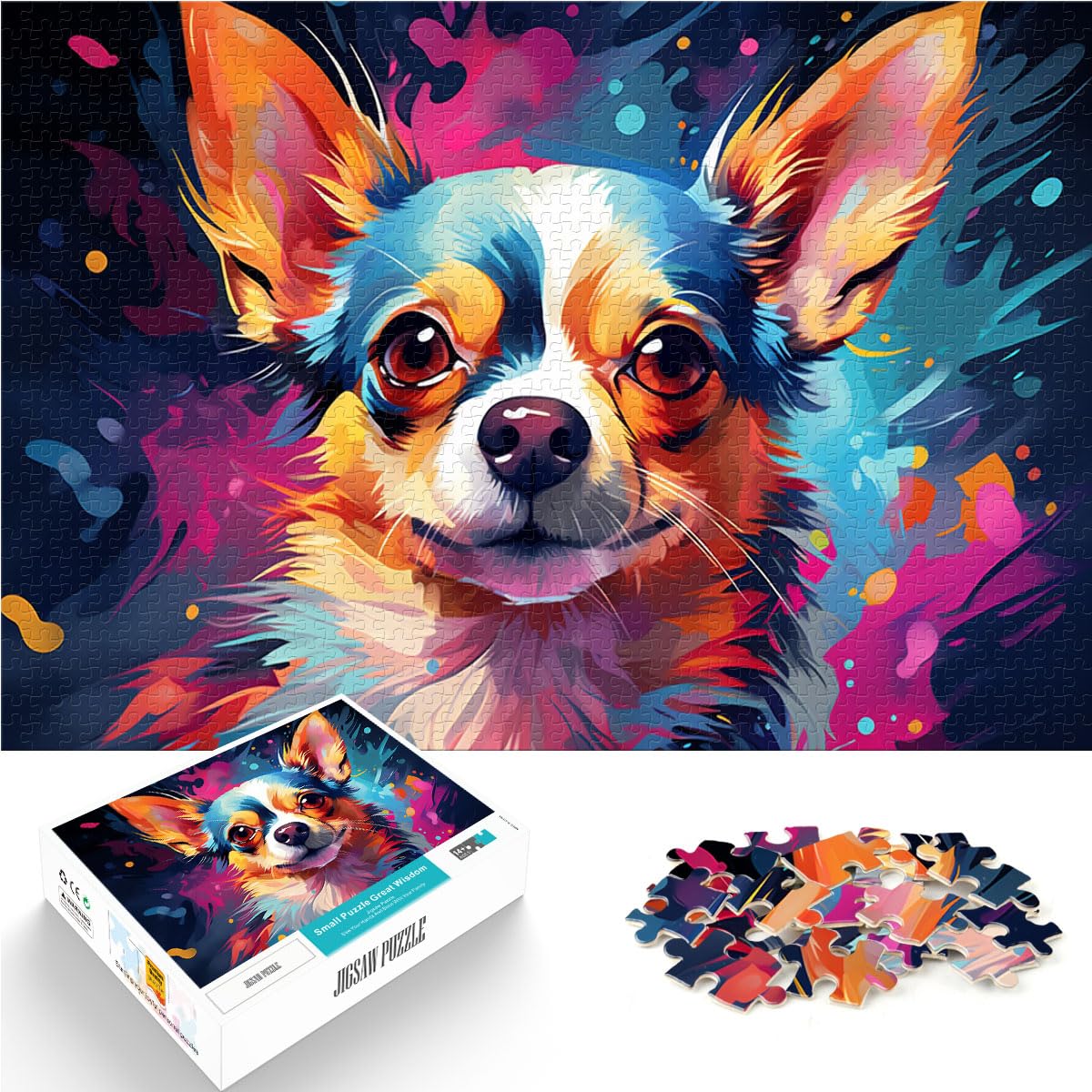 Puzzle, Lernspiele, farbenfrohe psychedelische Kunst, Chihuahua-Hund, 1000-teiliges Puzzle, Holzpuzzle, Heimdekoration, Puzzlespielzeug, 1000 Teile (50 x 75 cm)