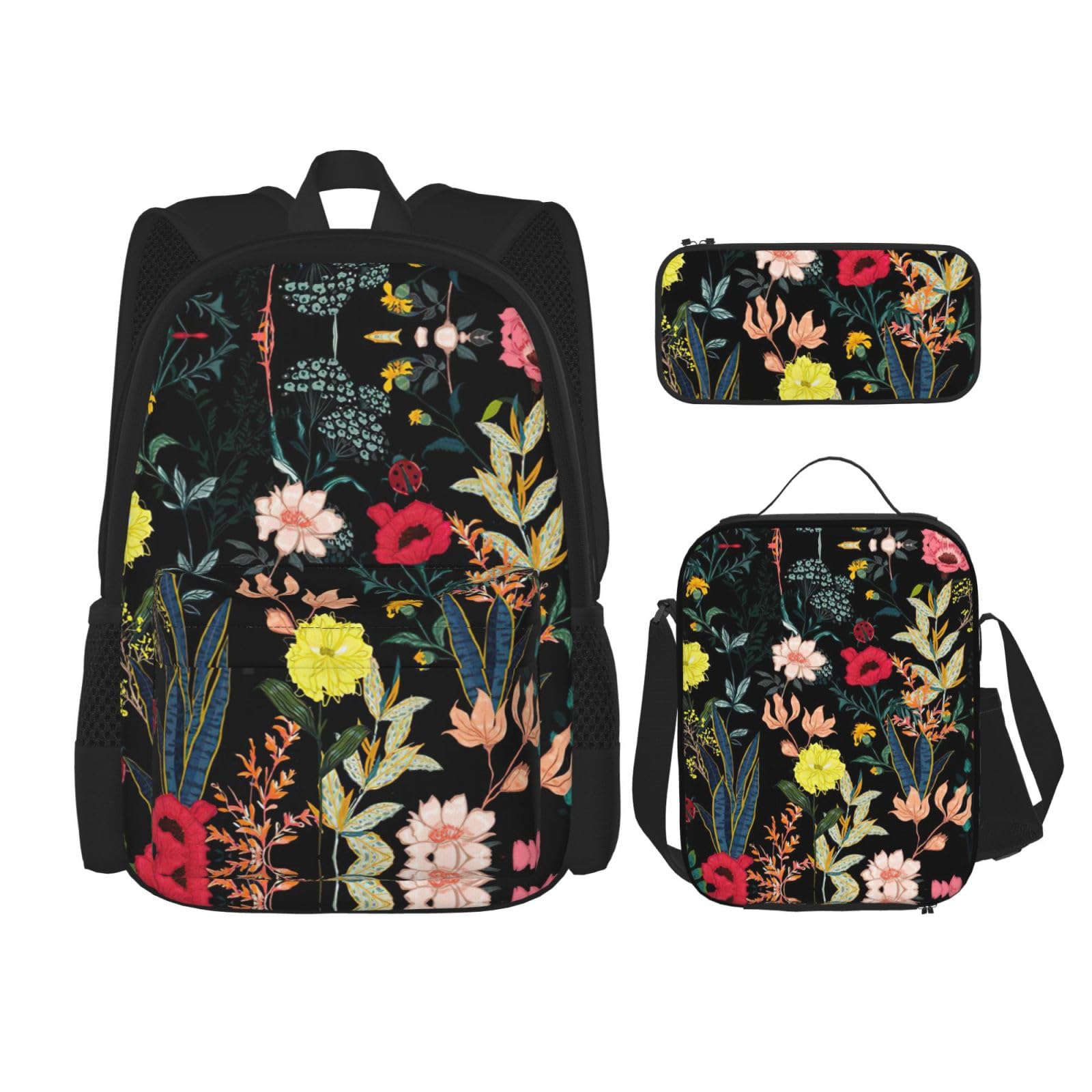 WURTON Farbenfroher Boho-Blumendruck, trendiger Rucksack, Tasche, Lunchbox und Federmäppchen, 3-in-1, verstellbares Rucksack-Set, Schwarz , Einheitsgröße