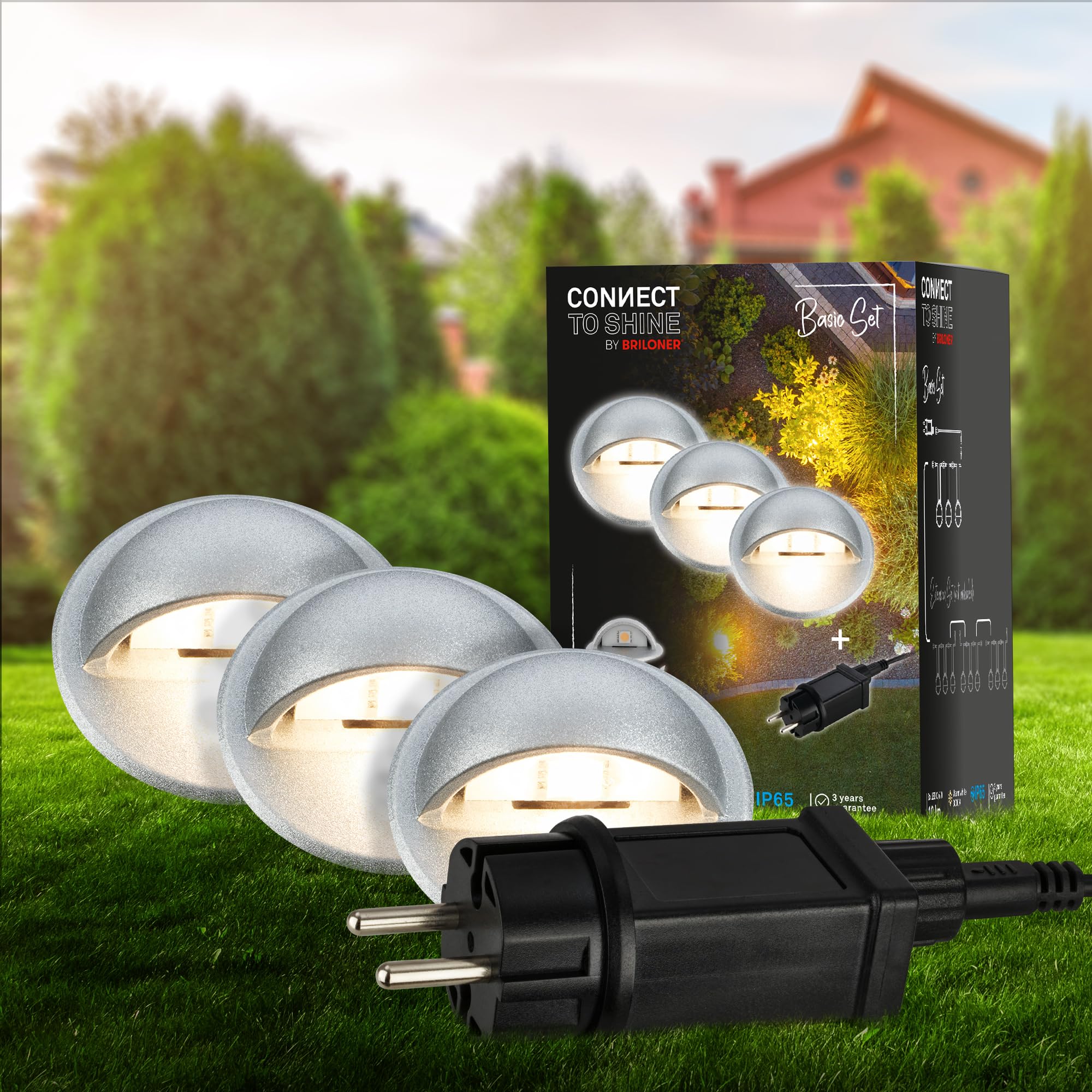 BRILONER - Connect to Shine 12V Gartensystem 3er Set Bodeneinbaustrahler mit Seitenlicht, Basisset mit Trafo, IP65, warmweißes Licht, Gartenbeleuchtung, Bodeneinbauleuchten, 35x36 mm, Silberfarbig