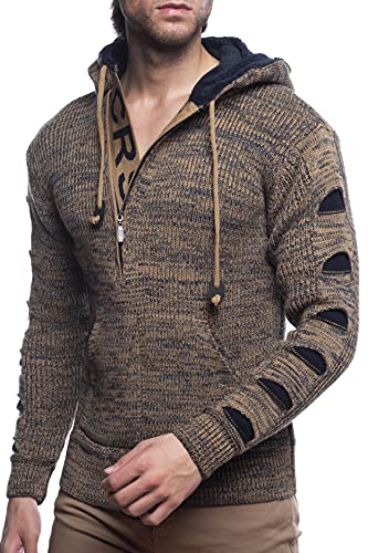 Karl´s People Herren Strick-Pullover mit Kapuze gefüttert| Männer Winter-Pullover mit Kängurutasche |stylischer Herren Strick-Pulli | angenehmer Herren Kapuzenpullover K-116 Camel S