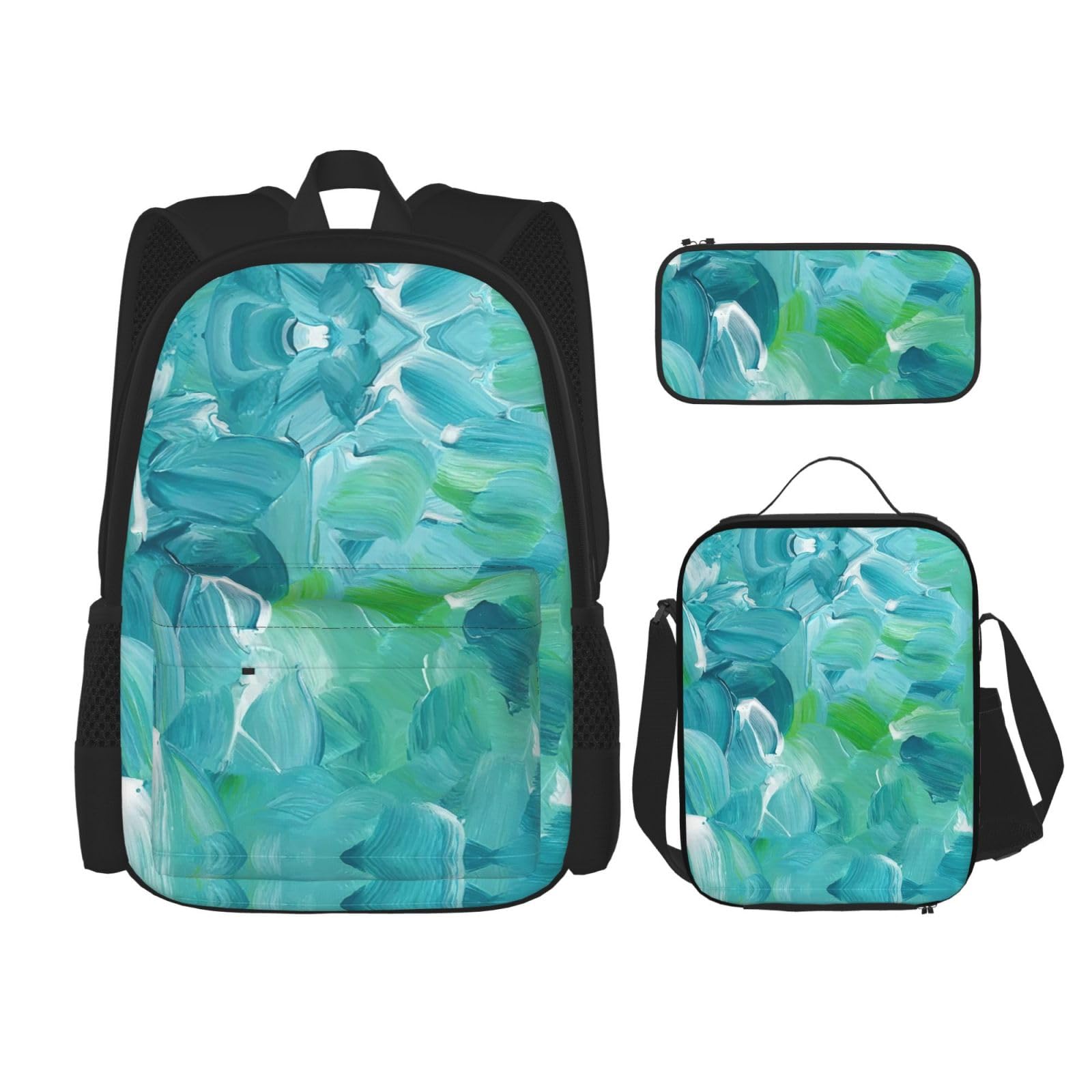 WURTON Blaue Ölfarbe Textur Druck Reise Lunchbox Federmäppchen Rucksack Set 3 Stück Verstellbare Träger Leicht