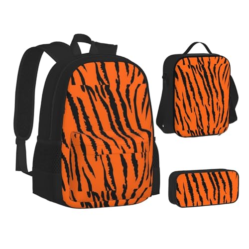 WURTON Büchertasche für Teenager, 3-in-1, Schulrucksack-Set, Kinderrucksack, orangefarbener Tiger, Leopardenmuster