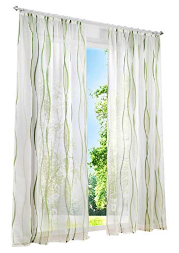 LiYa 1 Stück Gardinen mit Wellen Muster Design Schals Voile Transparent Fenster Vorhang (BxH 140x225cm, Grün mit Kräuselband)