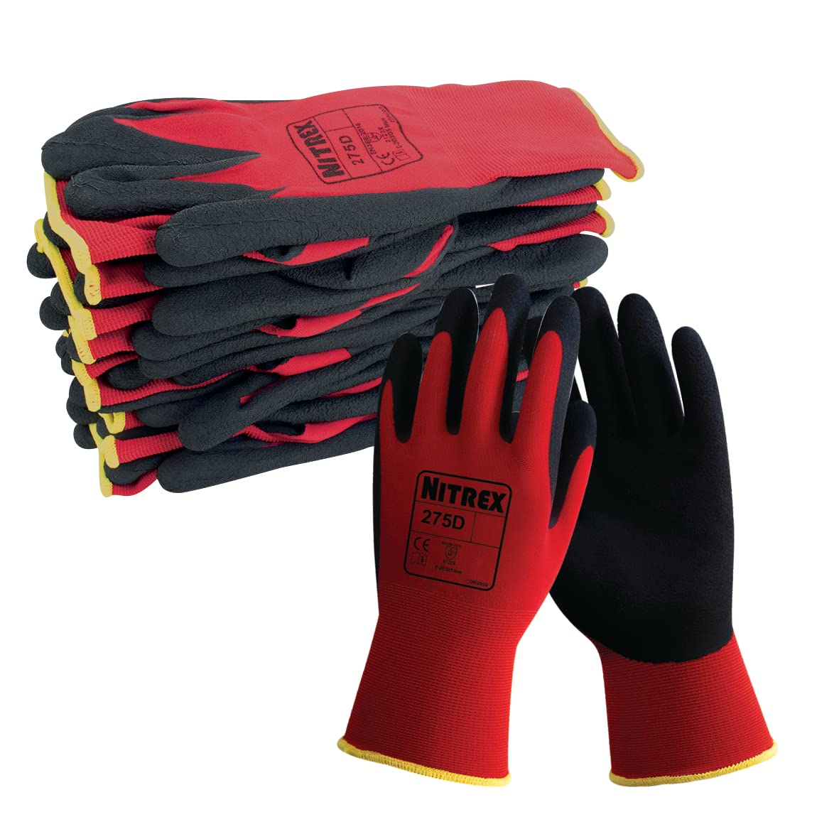 NITREX Unigloves 275D Wiederverwendbare Handschuhe mit Schaumstoff-Latex-Handflächenbeschichtung und leichtem, nahtlosem Innenfutter, Rot/Schwarz