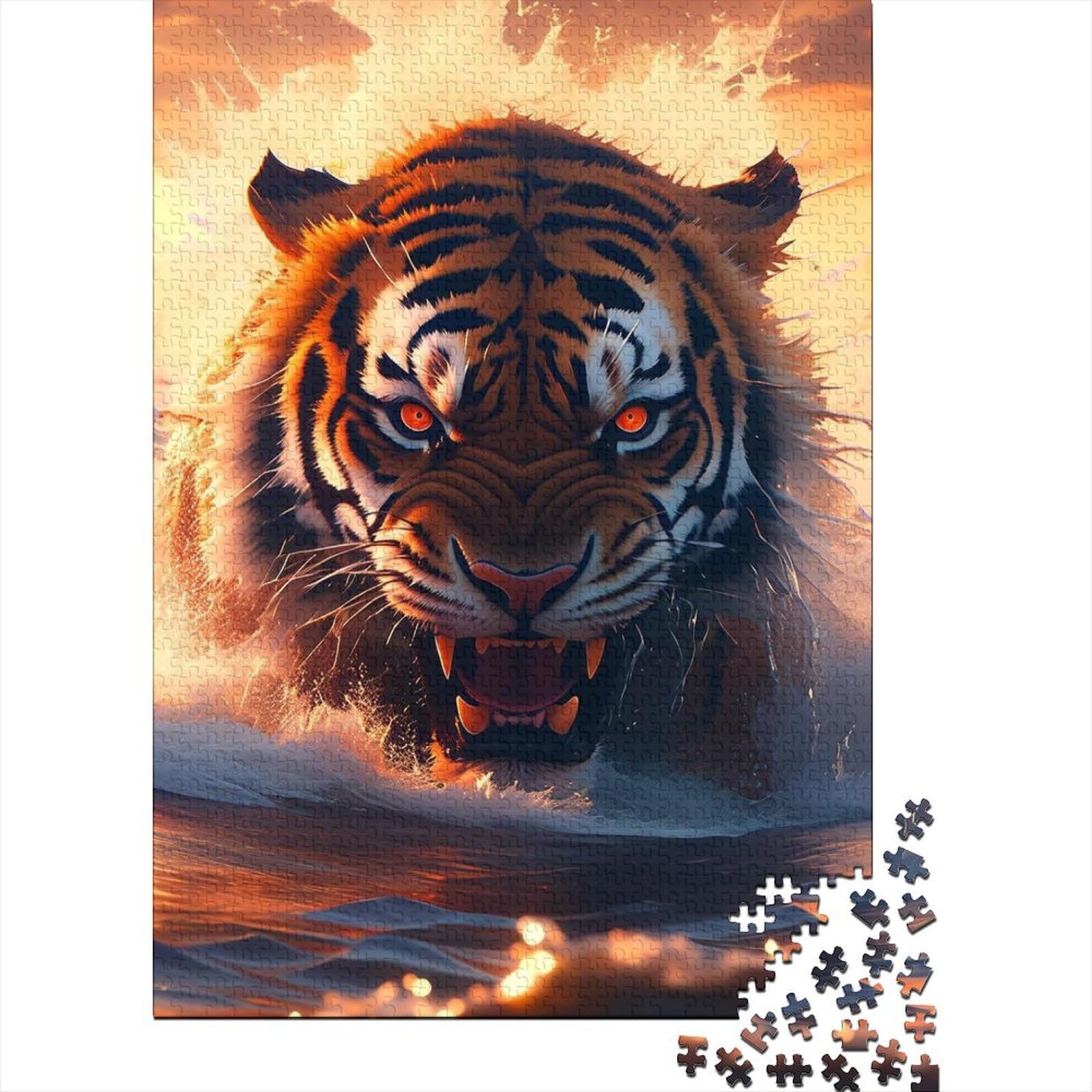 Kunstpuzzle für Erwachsene 1000 Teile „Tiger of Sunset Waters“ für Erwachsene, schwierige Puzzles, entspannendes geistiges Lernspielzeug (Größe 75x50cm)