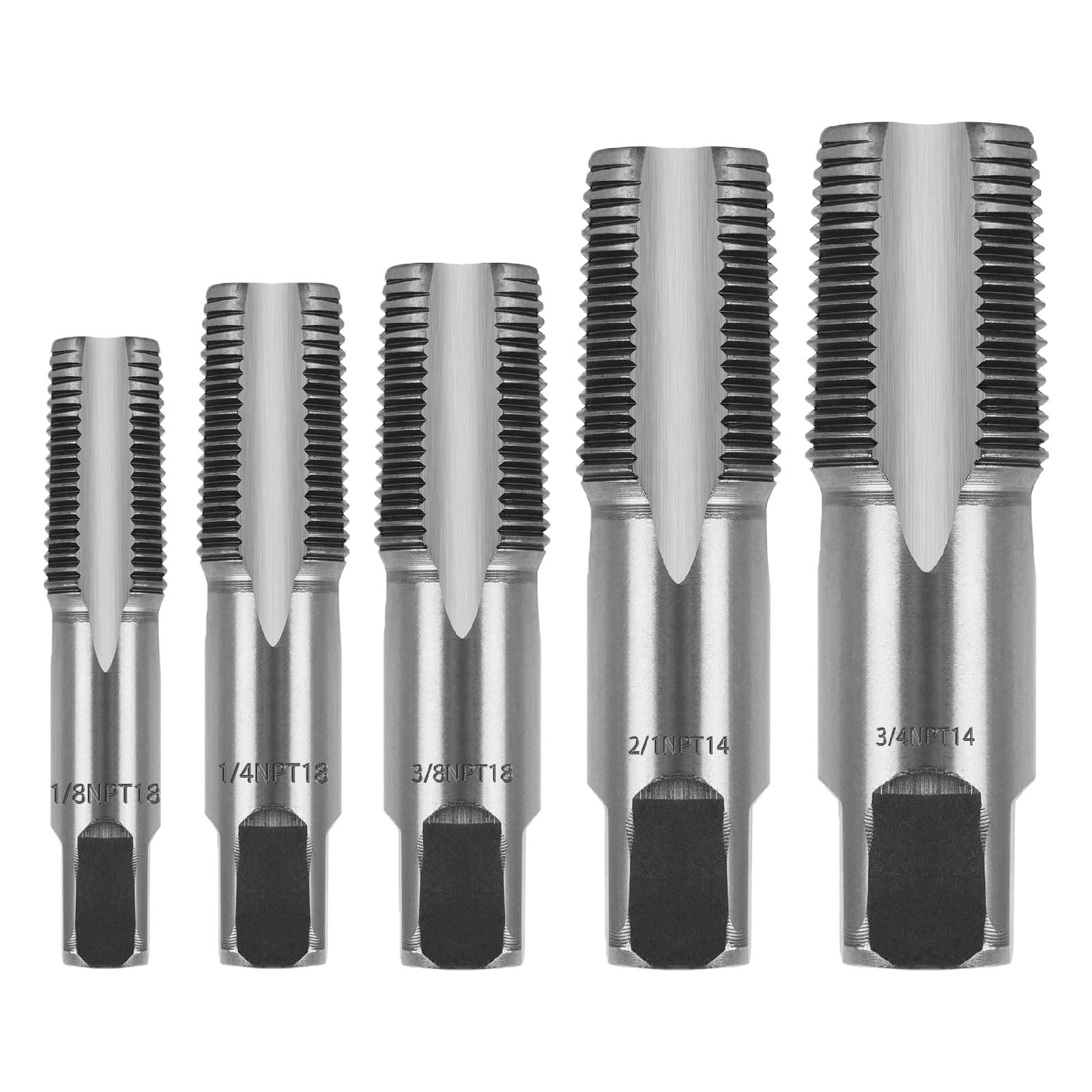 NPT-Rohrgewindebohrer-Set, 1/8 Zoll, 1/4 Zoll, 3/8 Zoll, 1/2 Zoll und 3/4 Zoll, mit Gehäuse, Karbonstahl zum Reinigen oder Nachgewinde, beschädigtes Gewinde, 5-teilig