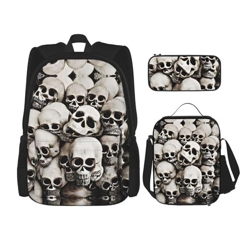 YQxwJL 3-in-1-Rucksack-Büchertaschen-Set, Indianer-Muster, lässiger Reiserucksack, mit Federmäppchen, Lunchtasche, Mexikanischer Totenkopf, Einheitsgröße