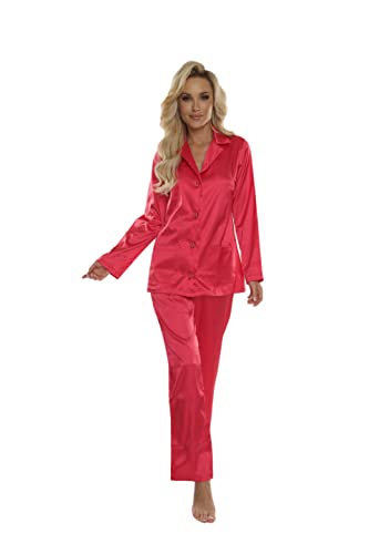 FOREX Lingerie eleganter Satin-Pyjama Schlafanzug Hausanzug im klassischen Still (XXL, Rot)