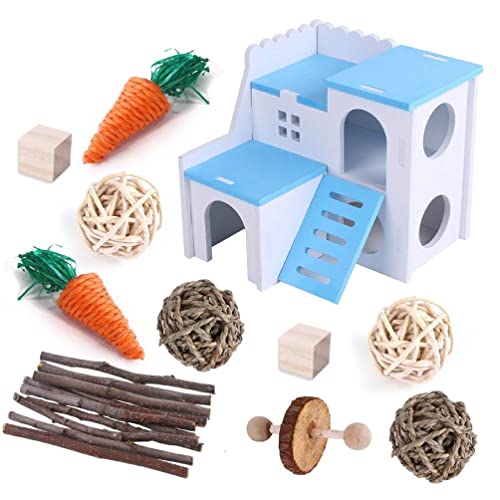 Yisawroy Hamster Kauspielzeug Käfig Haus Spielzeug Rattan-Bälle Resistentes Kaninchen Spielzeug Für Kleintiere Meerschweinchen Holzvilla 11PCS Meerschweinchen Spielhaus Käfig Dekorationen Für