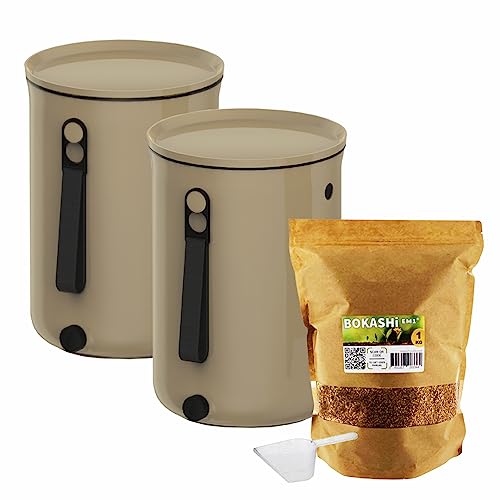 Moutta | 2er-Set Eimer Bokashi Organko 2 Cappuccino (9,6L) | Organischer Komposter mit Verdichter + 1 kg EM-1 Fermentationsaktivator