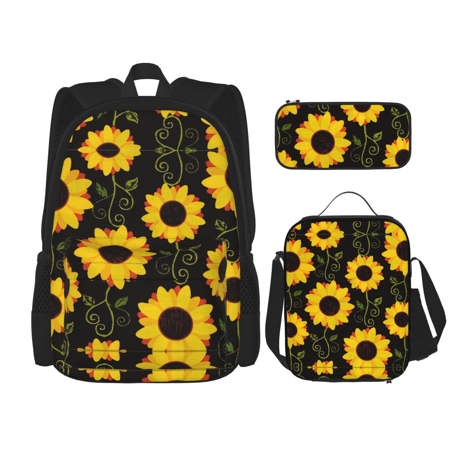 WURTON 3-in-1-Set mit Blumen-Sonnenblumen-Druck, lässig, verstellbar, Schulter-Rucksack, Lunch-Tasche, Federmäppchen, Beutel, Schwarz, Einheitsgröße