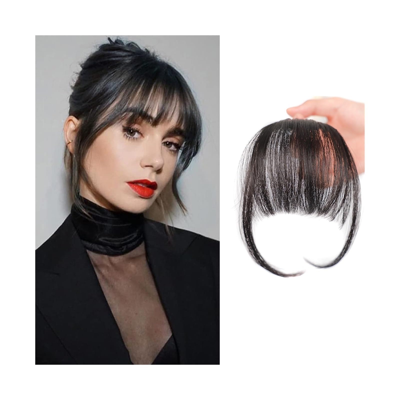 Pony Extension für Damen Fransen-Pony-Kunsthaarverlängerung, Clip-in-Pony, kurzes, gerades Haarteil, vorne, ordentlicher Knall, zwei seitliche Mini-Haar-Pony Fringe Bangs(2)