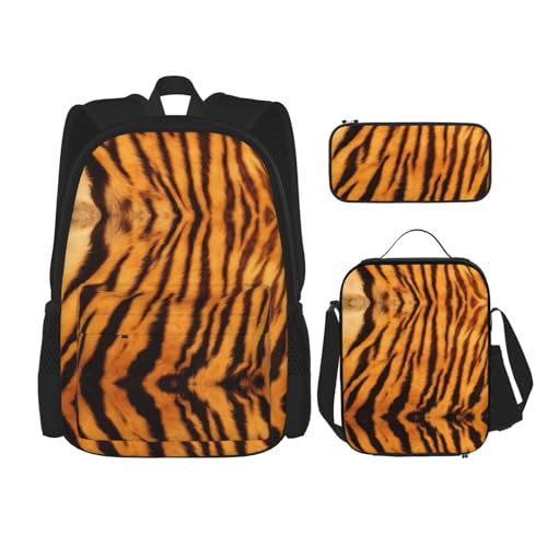 WURTON Tiger gestreiftes Muster Druck Schulrucksack 3 in 1 Büchertasche Set mit Lunchbox Federmäppchen Reise Laptop Daypacks