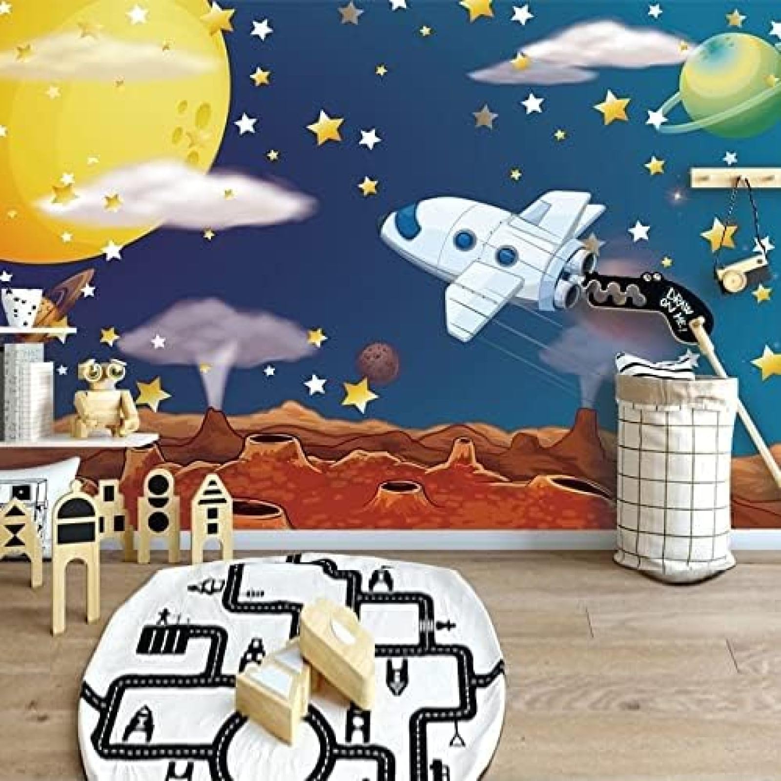 XLMING Sterne Mond Flugzeuge Cartoon Universum Sterne Kinderzimmer Kinderzimmer Wand 3D Tapete Wohnzimmer Sofa Schlafzimmer Esszimmer Home Dekoration Wand-300cm×210cm