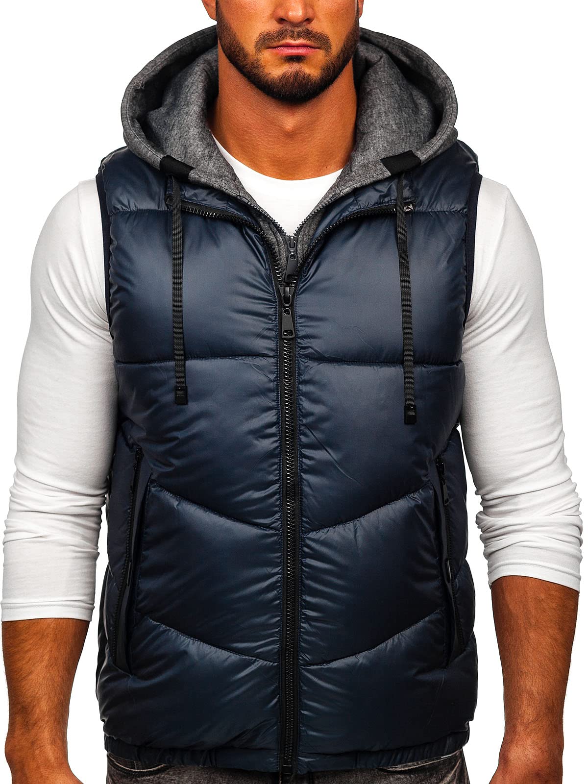 BOLF Herren Weste mit Kapuze Steppweste Bodywarmer Kapuzenweste Daunenweste Reißverschluss Weste Ärmellose Sportweste Zip Wärme Freizeit Outdoor Style 2908 Dunkelblau L [1U1]