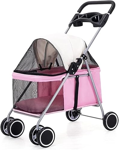 Haustier-Kinderwagen für kleine Hunde, zusammenklappbarer Kinderwagen, 4 Räder, Reise-Kinderwagen, Hunde- und Katzen-Kinderwagen, maximale Belastung: 15 kg, Pink