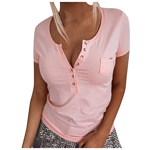 Damen T-Shirts Damen Slim Summer Top Button V-Ausschnitt Street Kurzärmeliges weißes T-Shirt Koreanischer Stil Harajuku Basic Tshirt Tasche T-Shirt Lässige T-Shirts/Sommer Tops ( Color : Roze , Size :