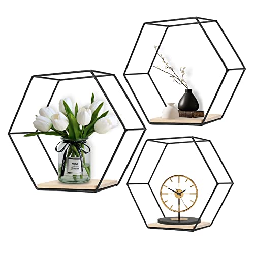 3er Set Metall Hexagon Wandregal, Europäische Hexagon geometrische Linie Design Wand Wand Regal mit Holzregalen, für Wohnung, Arbeitszimmer, Schlafzimmer, Wohnzimmer, Flur (schwarz)