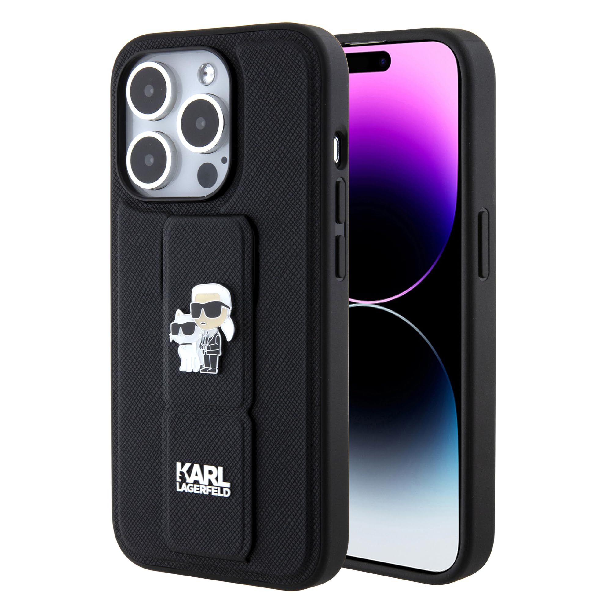 CG MOBILE CG Movie Karl Lagerfeld Saffiano-Leder-Schutzhülle für iPhone 15 Pro, Schwarz