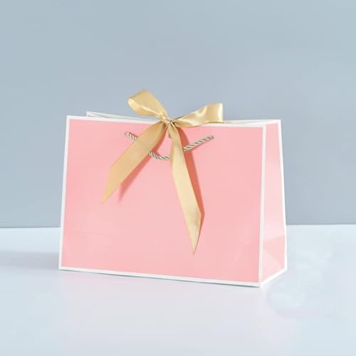 10 STÜCKE Papiertüte für Geschenk mit Band Shopping Bekleidungsgeschäft Bastelpapiertüte Versandpaket (Druckgebühr ist nicht inbegriffen) - 32 x 25 x 11 cm, 10 Stück, rosa weißer Rahmen