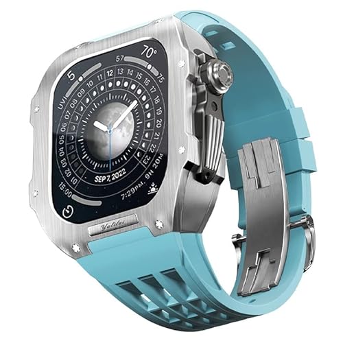 KANUZ Gummiarmband, Metalllünette für iWatch SE/4/5/6/7/8, Apple Mod Watch-Zubehör, Ersatz-Edelstahlgehäuse für SE, Apple-Serie, 44 mm, 45 mm (Farbe: Blau, Größe: 44 mm)