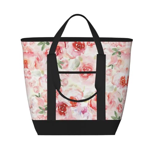 YQxwJL Weiche Farbe, blasses Rosen-Motiv, große Kapazität, isolierte Lunchtasche, wiederverwendbare Einkaufstasche mit Reißverschluss, für Damen und Herren