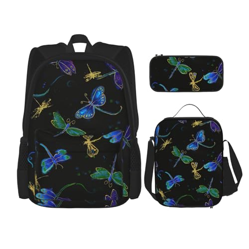 WURTON Schulterrucksack, Libellen-Druck, 3-in-1, Büchertaschen-Set, Lunchbox, Federmäppchen, Reise-Laptop, Tagesrucksäcke, Schwarz, Einheitsgröße