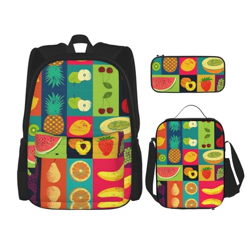 WURTON Trendiger Rucksack mit Obstdruck, Lunchbox, Federmäppchen, 3-in-1, verstellbares Rucksack-Set, Schwarz , Einheitsgröße