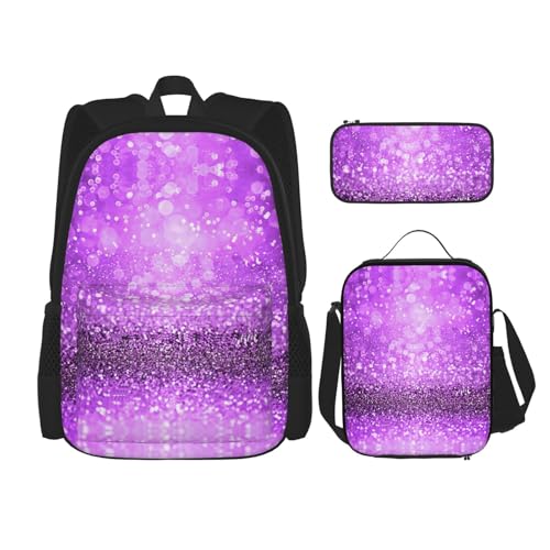 WURTON Schulrucksack-Set mit glitzerndem Glitzer-Druck, 3-in-1-Büchertaschen-Set mit Lunchbox, Federmäppchen, Reise-Laptop-Tagesrucksäcke