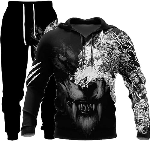 RIAAJ 3D Herren Wolf Druck Trainingsanzug Männer 3D Printed Jogginganzug Hoodie Tops Hosen Sets Sport Anzug (2XL,A5)