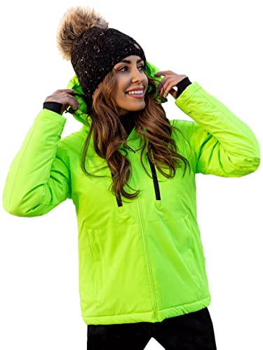 BOLF Damen Winterjacke Skijacke Snowboardjacke Schneejacke mit Kapuze Schneefang Bündchen Winddicht Wasserdicht Atmungsaktiv Outdoor Sport Style HH012 Grün-Neon XL [D4D]