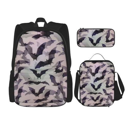 WURTON Halloween Fledermäuse grauer Druck, 3-in-1-Sets, lässig, verstellbarer Schulter-Rucksack, Lunch-Tasche, Federmäppchen, Beutel, Schwarz, Einheitsgröße