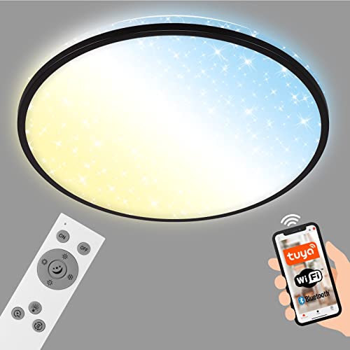 Briloner Leuchten - Smarte LED Deckenleuchte, WiFi Wohnzimmerlampe, Sternenhimmel, Backlight-Effekt, Farbtemperatursteuerung, Deckenlampe mit Fernbedienung, Sprachsteuerung, schwarz, Ø490 mm