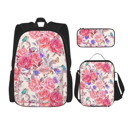 WURTON 3-in-1-Set mit Blumenmotiv, Rose, Schmetterling, lässig, verstellbar, Schulter-Rucksack, Lunch-Tasche, Federmäppchen, Beutel, Schwarz, Einheitsgröße