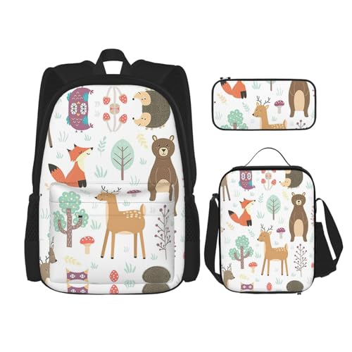 WURTON Rucksack mit Tiermotiv, für Mädchen und Jungen, Schultaschen, Lunchbox, Federmäppchen und 3-in-1-Büchertaschen-Set