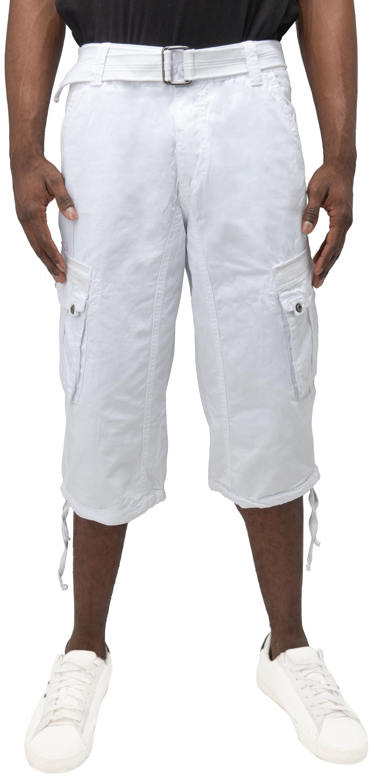 X RAY Men's Belted Tactical Cargo Long Shorts 18" Inseam Below Knee Length Multi Pocket 3/4 Capri Pants White Size 32