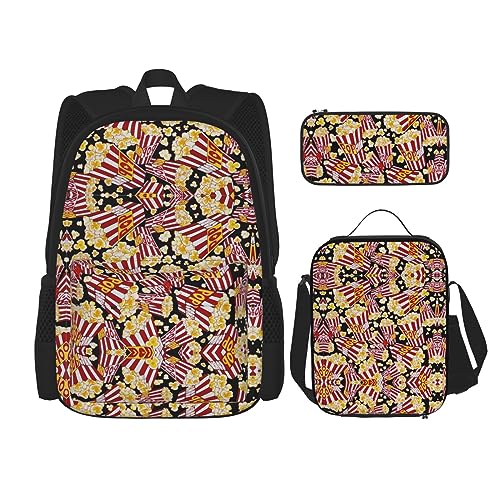 WURTON 3-in-1 Büchertaschen-Set, verstellbarer Schulterrucksack, Lunch-Tasche, Federmäppchen, Tasche mit Popcorn-Aufdruck