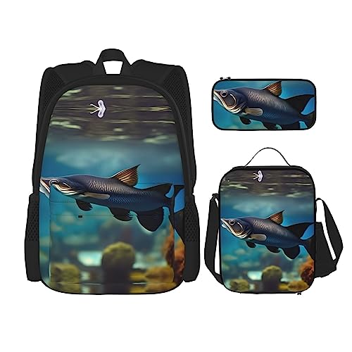 WURTON Subaquatic Lunchbox mit Wels-Druck, Federmäppchen, Rucksack-Set, 3-teilig, verstellbare Riemen, langlebig, leicht, Schwarz, One Size