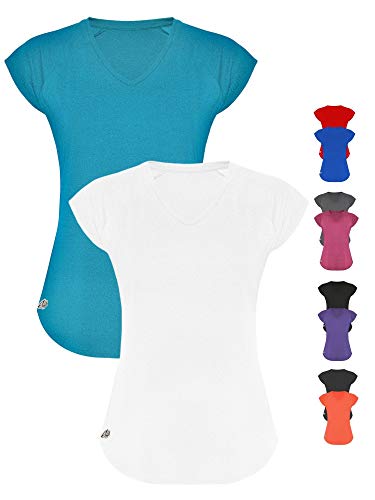 GO HEAVY Damen 2er-Pack Fitness Funktions Sport T-Shirt Laufshirt Kurzarm Schnelltrocknend | Türkis/Weiß S